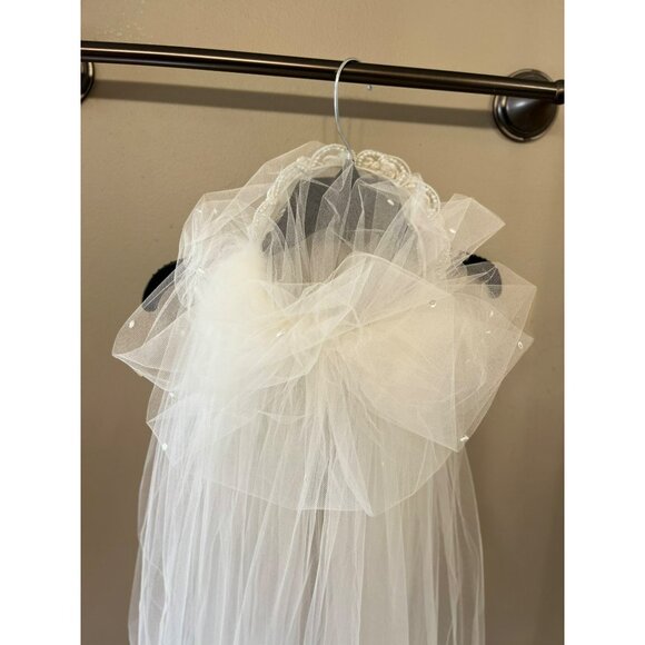 Vintage 1990s Beaded Bridal Headband Veil Cream Tulle Two Tier Mid Length - Picture 10 of 16